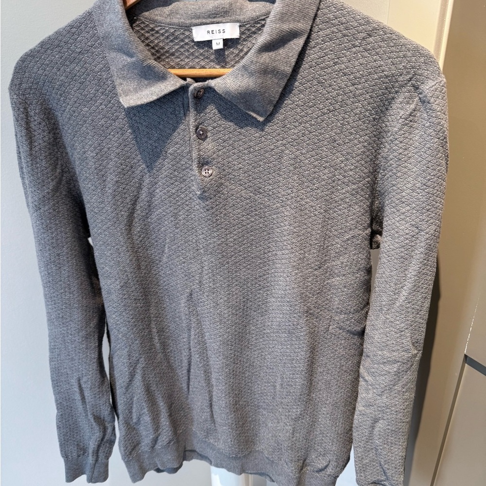 Reiss Grey Textured Long Sleeve Sweater Polo Medium $190 retail